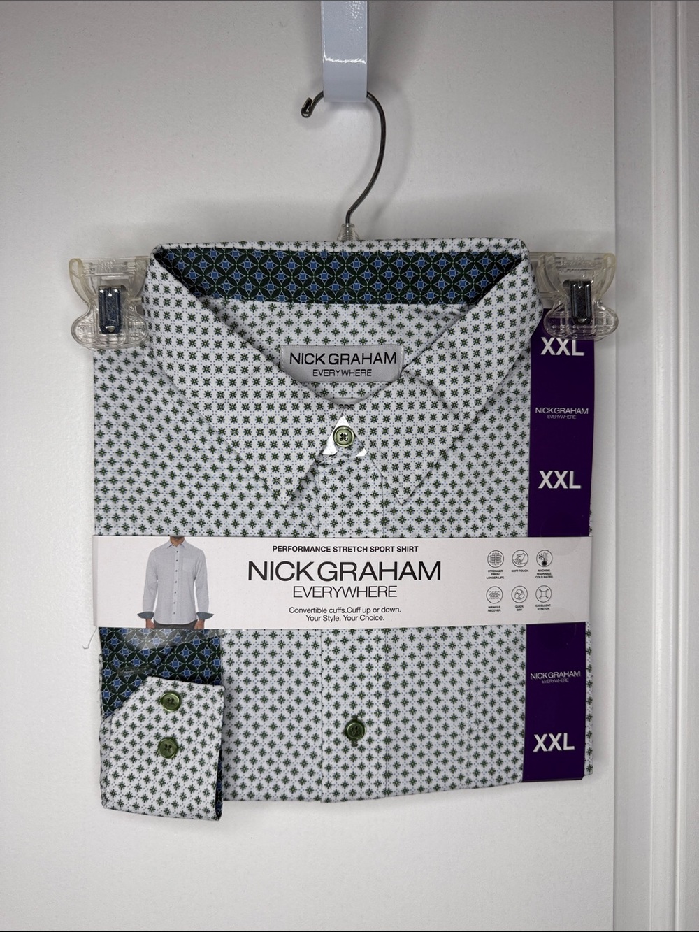 Nick Graham Everywhere Men's White & Green Performance Button-Down Shirt - XXL